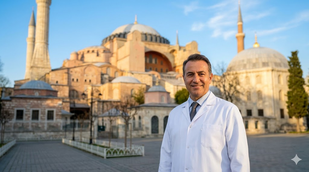 طبيب جراح متخصص في التطور التقني في جراحات الترميم يقف أمام جامع آيا صوفيا في إسطنبول.