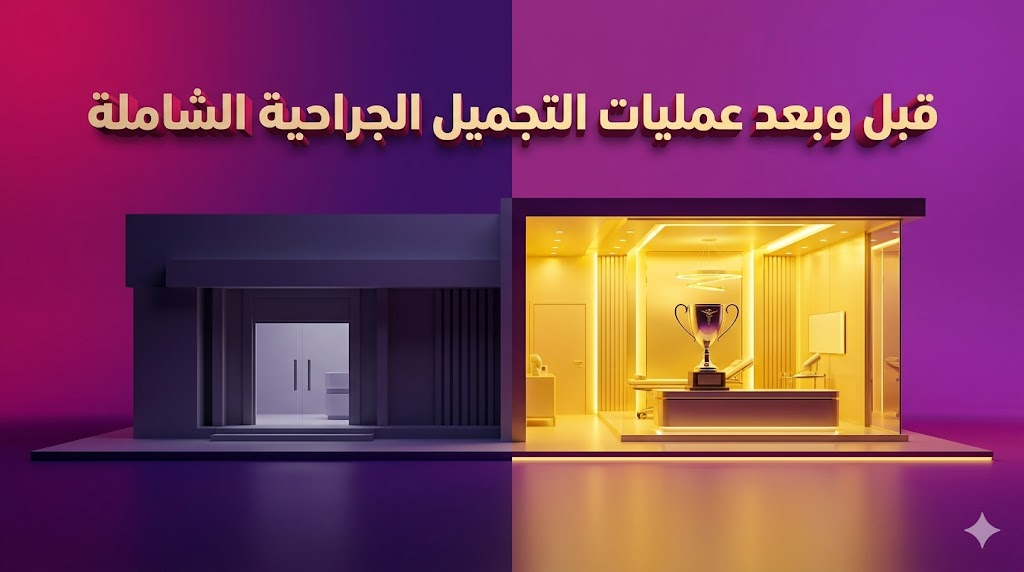  مقارنة قبل وبعد رمزية لنتائج عمليات التجميل الجراحية الشاملة بخلفية فاخرة وإضاءة سينمائية.