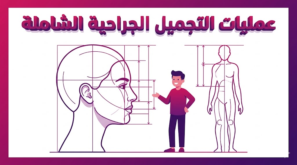  إنفوجرافيك طبي يوضح العلم التشريحي والتوازن الجمالي في عمليات التجميل الجراحية الشاملة.