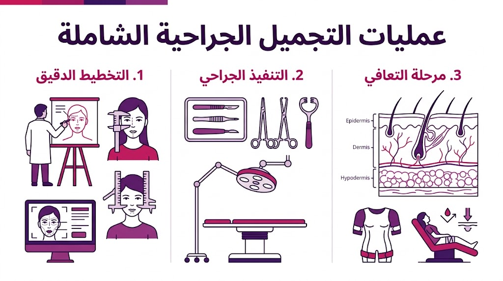  بوستر إنفوجرافيك يوضح مراحل عمليات التجميل الجراحية الشاملة من التخطيط إلى التعافي.