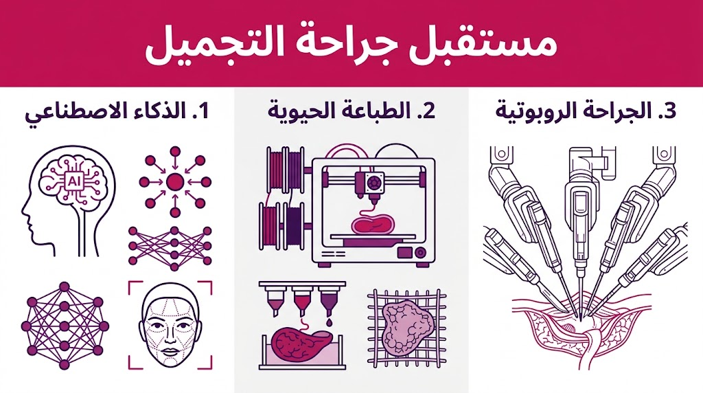  إنفوجرافيك طبي يوضح ركائز مستقبل جراحة التجميل الثلاث: الذكاء الاصطناعي، الطباعة الحيوية، والجراحة الروبوتية.