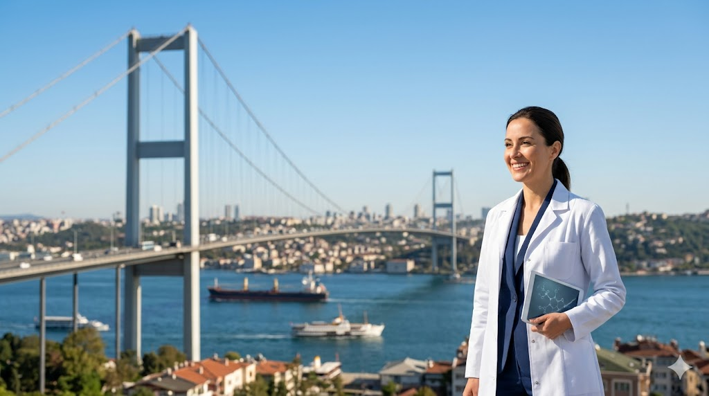 طبيب تجميل خبير يقف أمام جسر البوسفور في إسطنبول، يمثل ريادة تركيا في مستقبل جراحة التجميل.