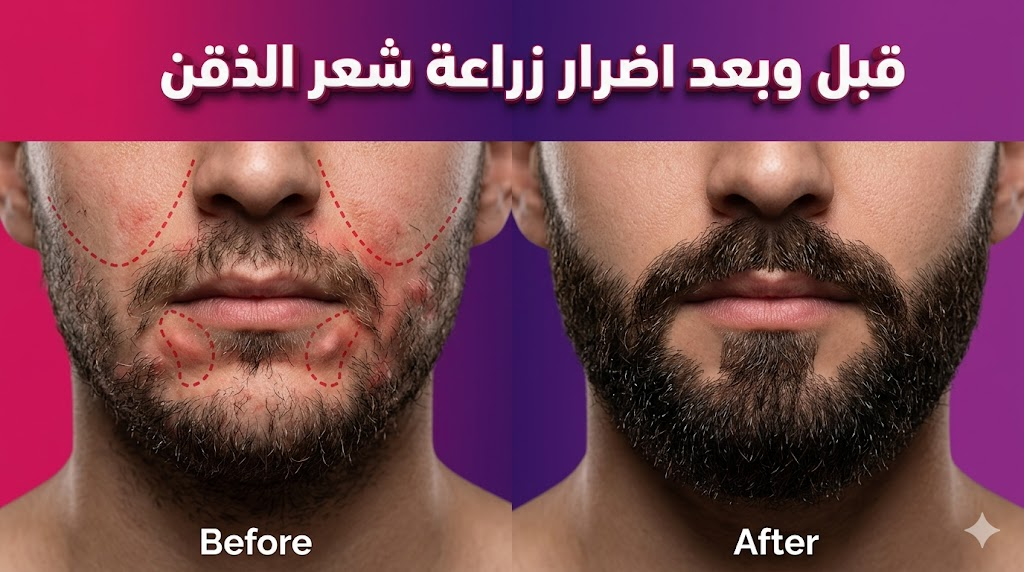 مقارنة قبل وبعد توضح اضرار زراعة شعر الذقن والنتائج النهائية الناجحة مع علامات جراحية توضيحية.