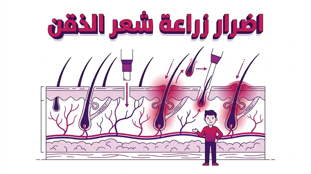 إنفوجرافيك طبي تشريحي يوضح اضرار زراعة شعر الذقن وتأثير غرس البصيلات على أنسجة الوجه.