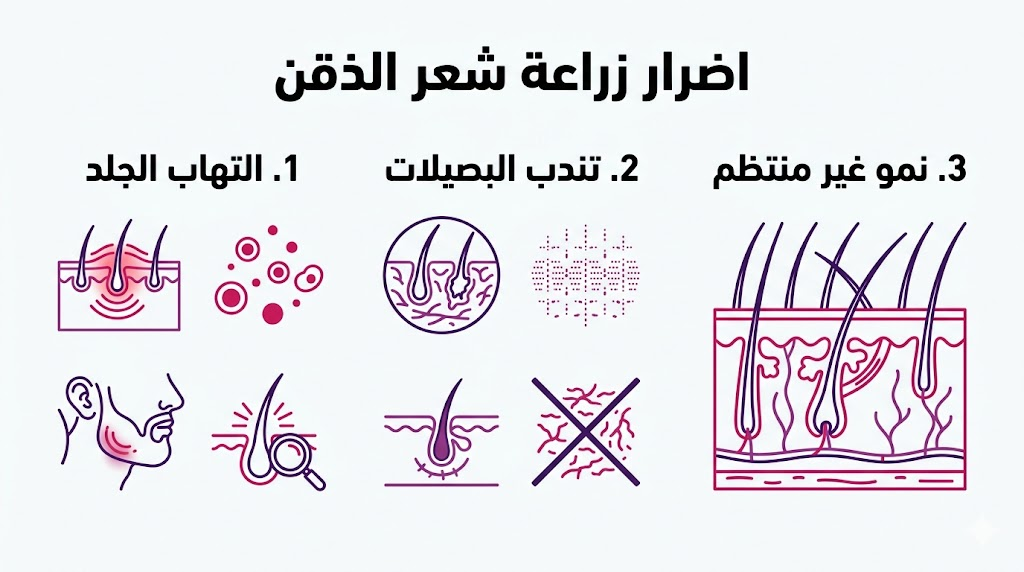 بوستر تعليمي مقسم لثلاثة أجزاء يشرح اضرار زراعة شعر الذقن العلمية مثل الالتهاب والتندب.