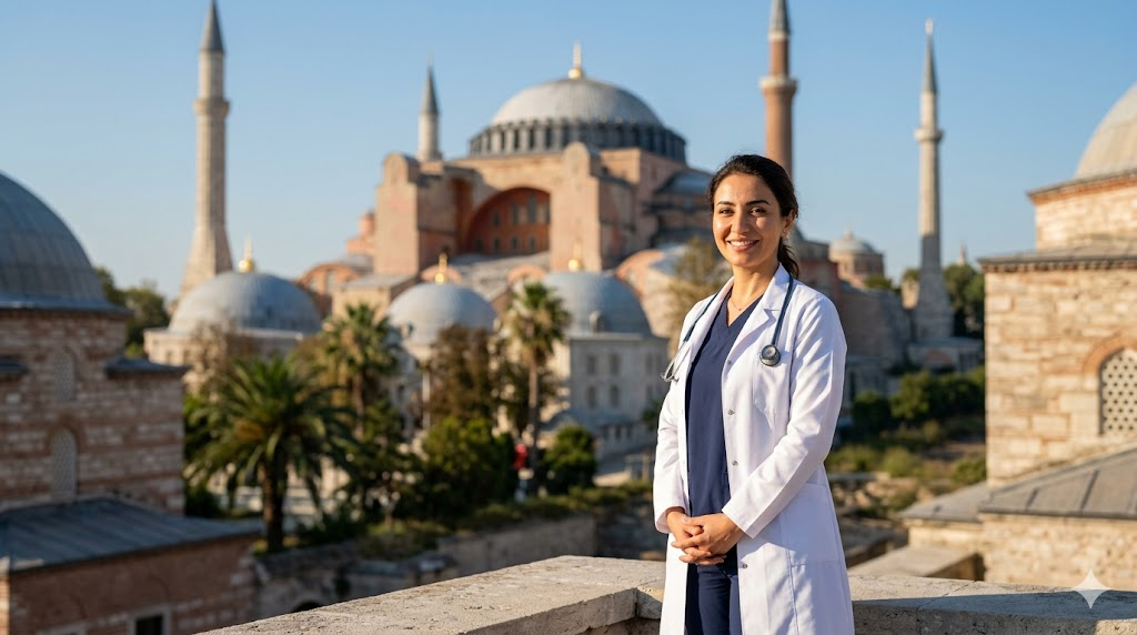 طبيب مختص في علاج اضرار زراعة شعر الذقن يقف أمام جامع آيا صوفيا في مدينة اسطنبول بتركيا.