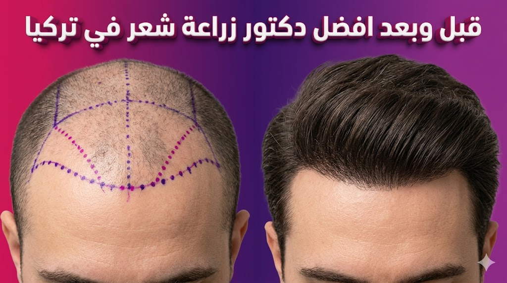 مقارنة قبل وبعد تظهر نتائج الكثافة المحققة عبر التعامل مع افضل دكتور زراعة شعر في تركيا.