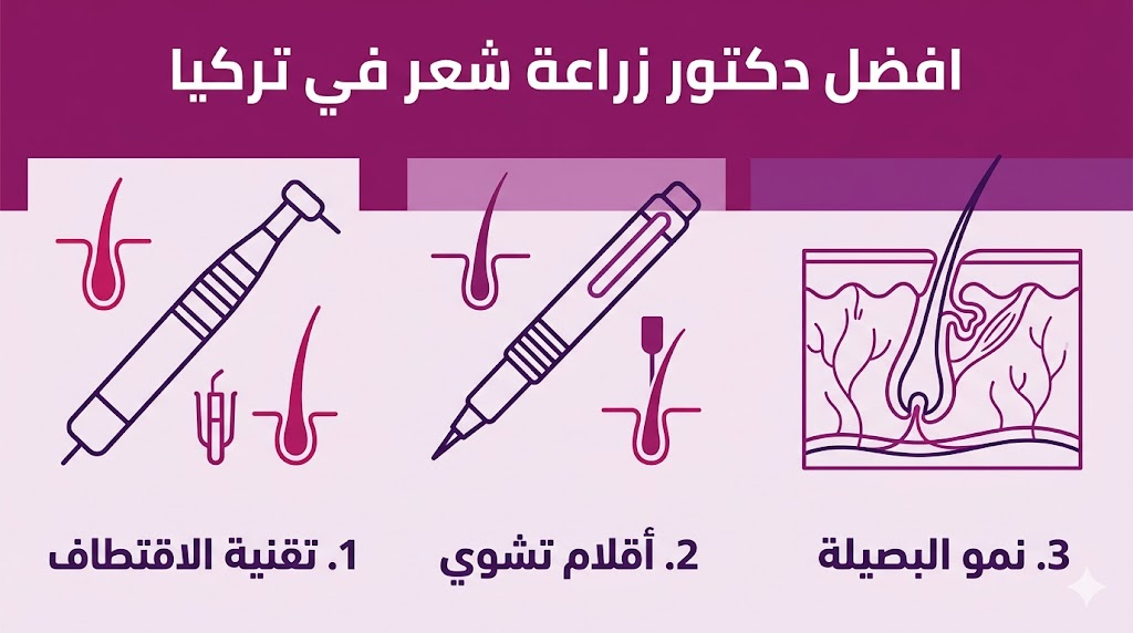 إنفوجرافيك يوضح التقنيات المستخدمة من قبل افضل دكتور زراعة شعر في تركيا مثل الاقتطاف وأقلام تشوي.