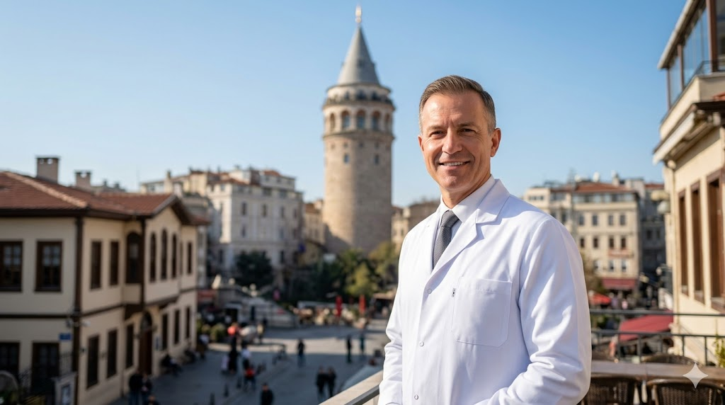 صورة احترافية لطبيب متخصص أمام برج غالاتا تعبر عن الثقة عند البحث عن افضل دكتور زراعة شعر في تركيا.