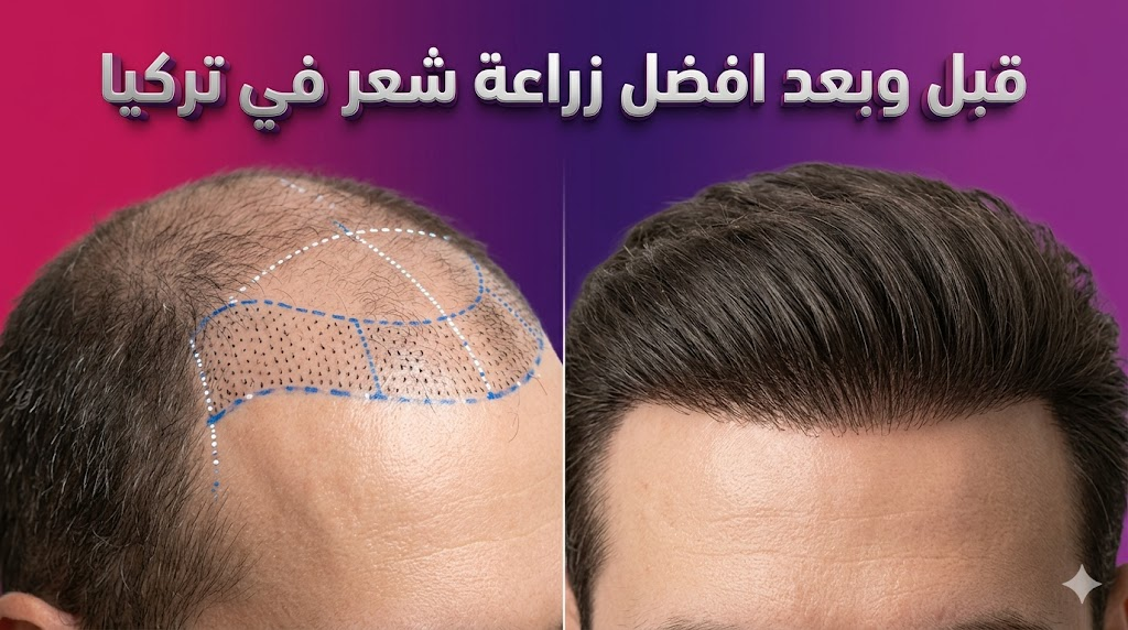  مقارنة قبل وبعد تظهر نتائج افضل زراعة شعر في تركيا مع تحديد الخطوط الطبية لزراعة البصيلات.