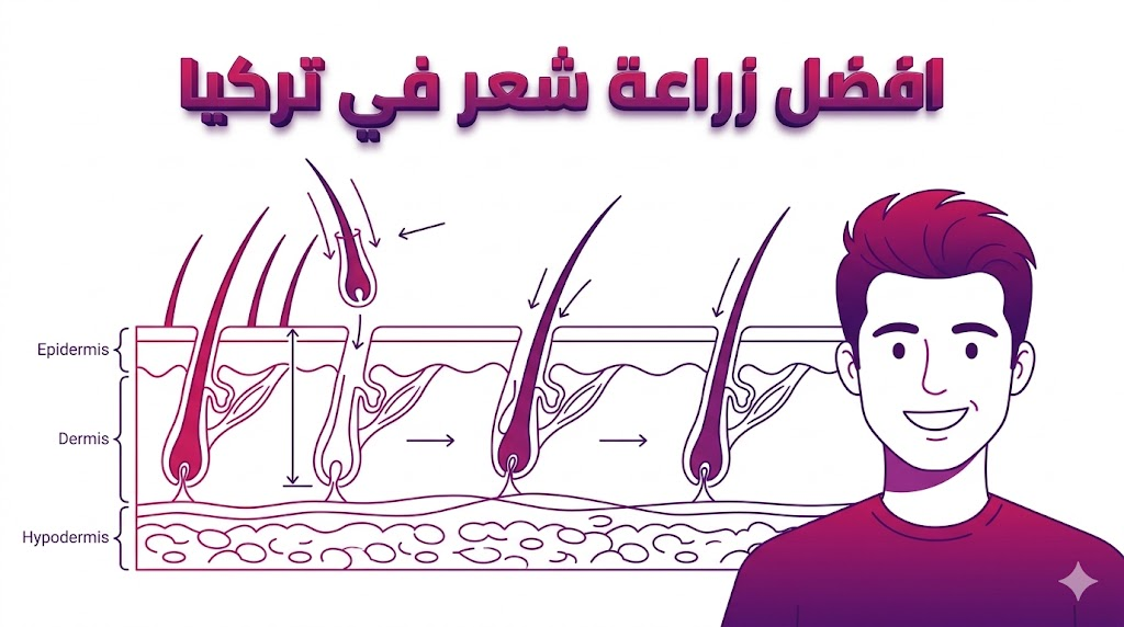 إنفوجرافيك طبي يوضح التشريح الداخلي لفروة الرأس وتقنيات افضل زراعة شعر في تركيا.