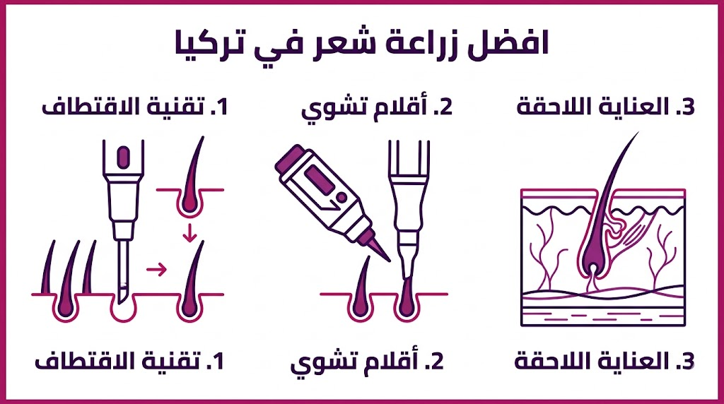 ملصق إنفوجرافيك تعليمي يشرح ثلاث مراحل أساسية للحصول على افضل زراعة شعر في تركيا.