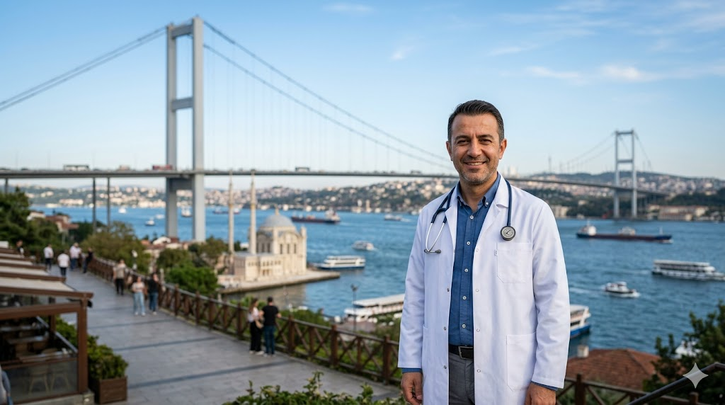 طبيب متخصص في افضل زراعة شعر في تركيا يقف بابتسامة واثقة أمام جسر البوسفور في إسطنبول.