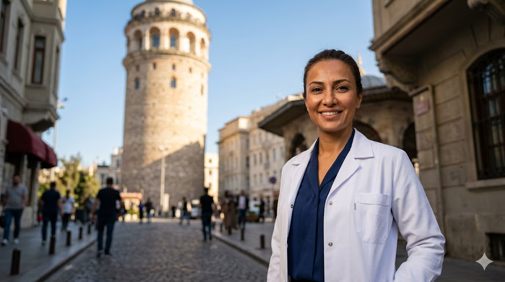 طبيب مختص يقف أمام برج غالاتا في إسطنبول لتقديم استشارات حول افضل عمر لزراعة الشعر.