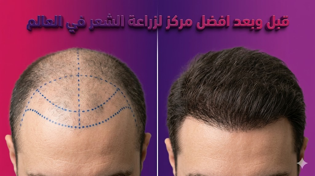 مقارنة قبل وبعد العملية توضح النتائج المذهلة في افضل مركز لزراعة الشعر في العالم.