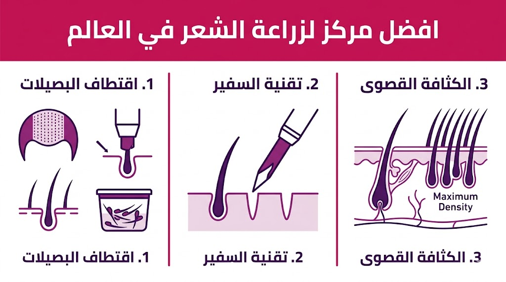  إنفوجرافيك تعليمي يوضح مراحل العملية في افضل مركز لزراعة الشعر في العالم.
