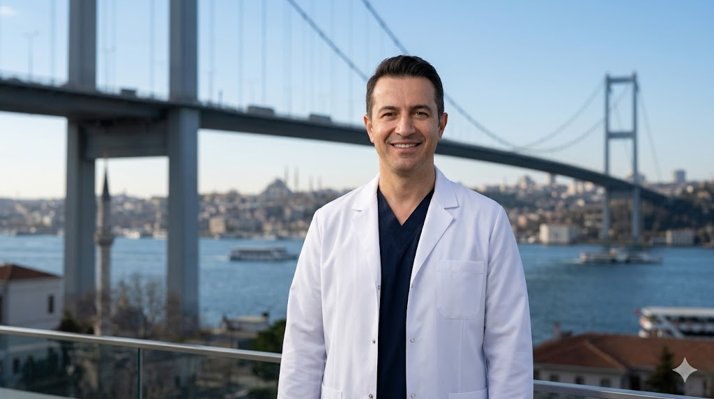جراح متخصص من افضل مركز لزراعة الشعر في العالم يقف أمام جسر البوسفور في اسطنبول.
