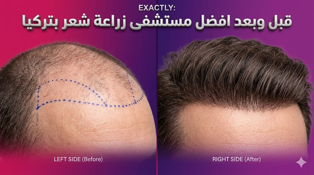 مقارنة قبل وبعد تظهر نتائج كثافة الشعر المذهلة لدى افضل مستشفى زراعة شعر بتركيا مع توزيع احترافي للبصيلات.