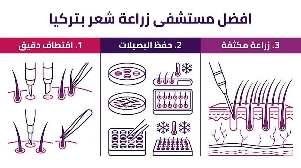 بوستر انفوجرافيك يوضح خطوات الاقتطاف والحفظ والزراعة بالتفصيل في افضل مستشفى زراعة شعر بتركيا.