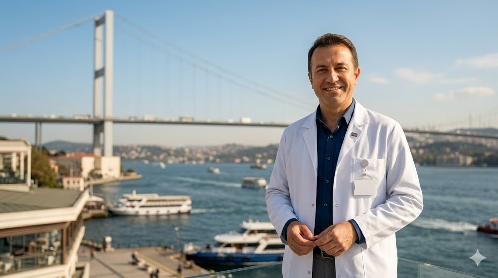 طبيب متخصص من افضل مستشفى زراعة شعر بتركيا يقف أمام جسر البوسفور في اسطنبول ليعكس جودة السياحة العلاجية.