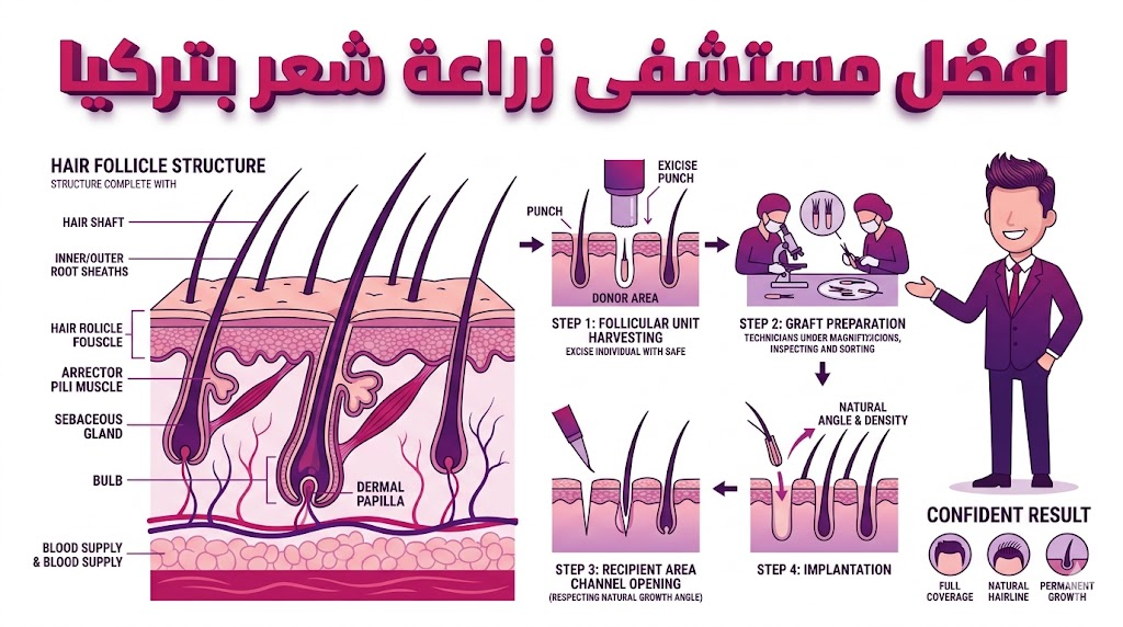 انفوجرافيك طبي يشرح التشريح العلمي للبصيلات والنتائج المتوقعة في افضل مستشفى زراعة شعر بتركيا.