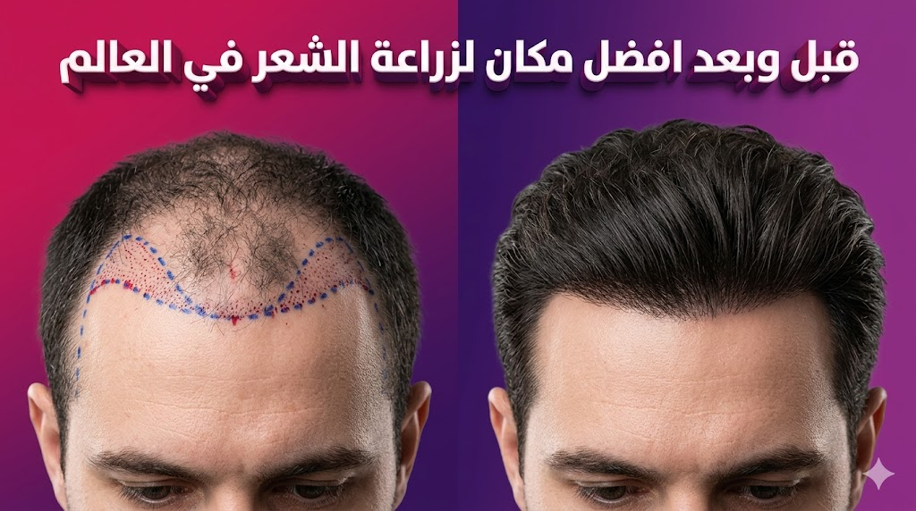 مقارنة قبل وبعد تظهر نتائج استعادة الشعر والخطوط الطبية في افضل مكان لزراعة الشعر في العالم.