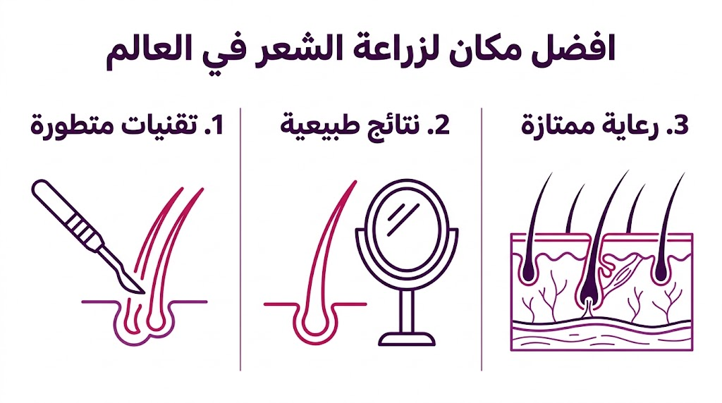 إنفوجرافيك يوضح التقنيات والنتائج والرعاية الطبية في افضل مكان لزراعة الشعر في العالم.
