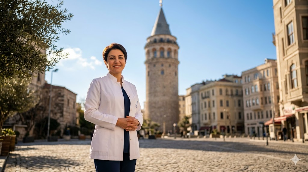 طبيب متخصص يقف أمام برج غالاتا في اسطنبول التي تعتبر افضل مكان لزراعة الشعر في العالم.