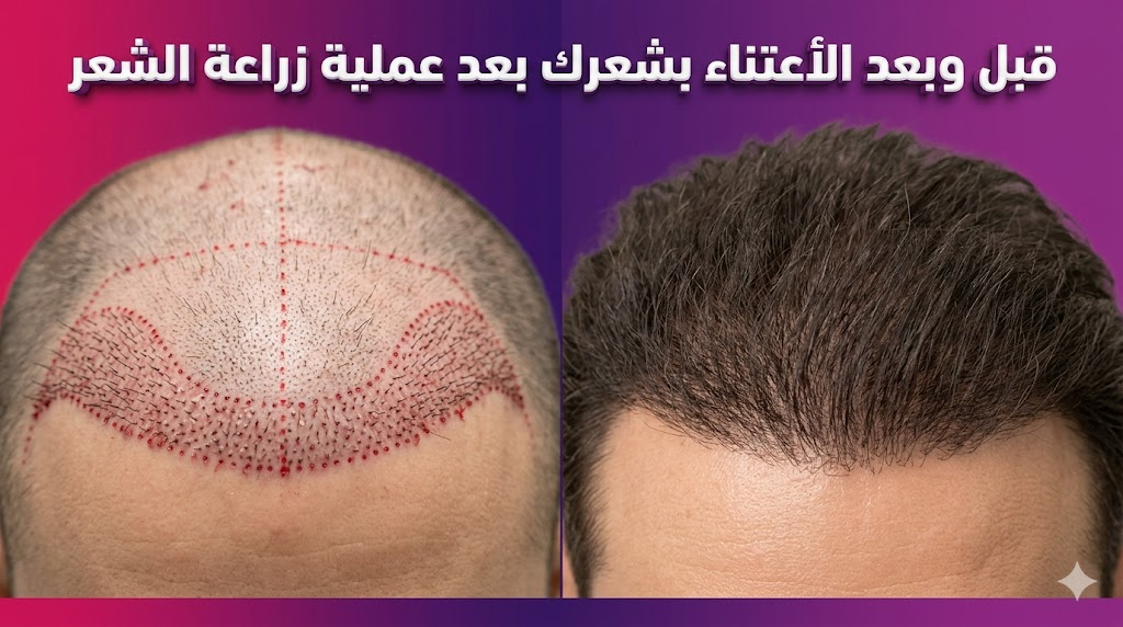 مقارنة قبل وبعد تظهر نتائج الأعتناء بشعرك بعد عملية زراعة الشعر مع توضيح مراحل نمو البصيلات.