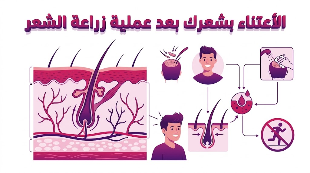 انفوجرافيك تعليمي يشرح خطوات غسل الشعر، وضعية النوم، والتغذية لضمان الأعتناء بشعرك بعد عملية زراعة الشعر.