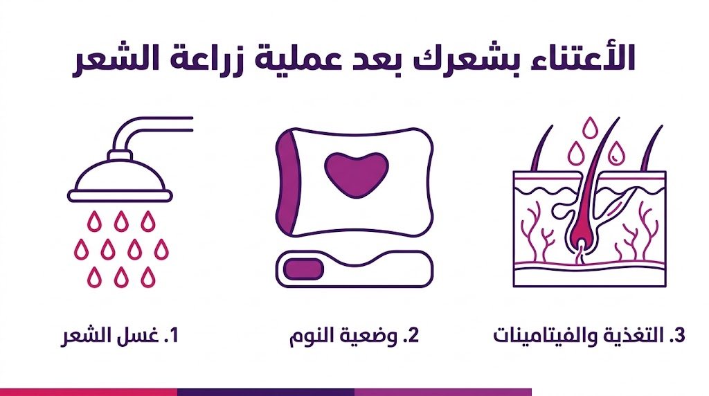 انفوجرافيك تعليمي يشرح خطوات غسل الشعر، وضعية النوم، والتغذية لضمان الأعتناء بشعرك بعد عملية زراعة الشعر.