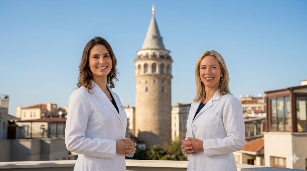 طبيب متخصص في تركيا يقف أمام برج غالاتا، يقدم نصائح حول الأعتناء بشعرك بعد عملية زراعة الشعر.