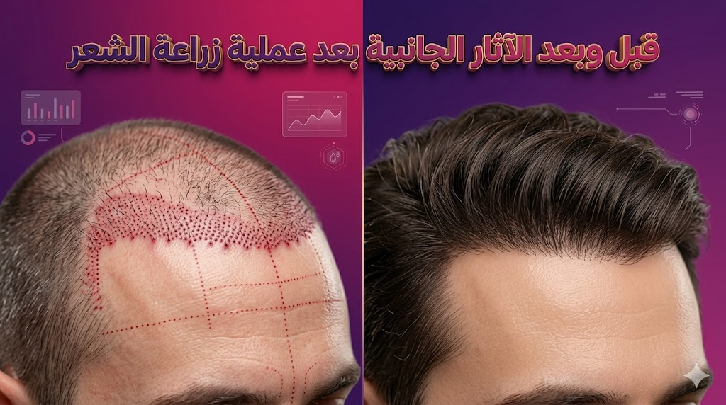 مقارنة قبل وبعد تظهر التعافي من الآثار الجانبية بعد عملية زراعة الشعر والوصول للنتيجة النهائية.