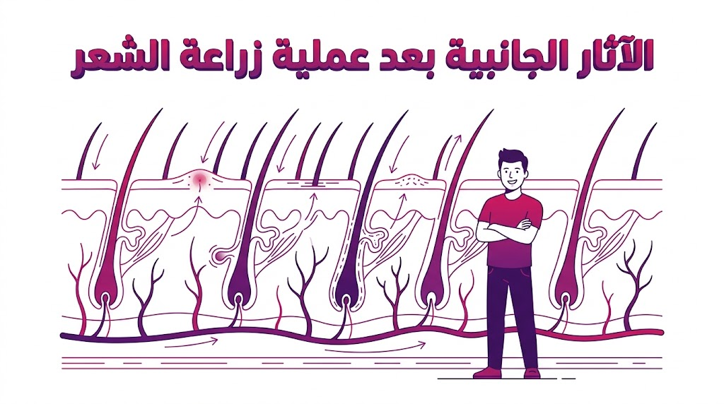 إنفوجرافيك طبي يوضح التشريح العلمي لفروة الرأس والتعافي من الآثار الجانبية بعد عملية زراعة الشعر.