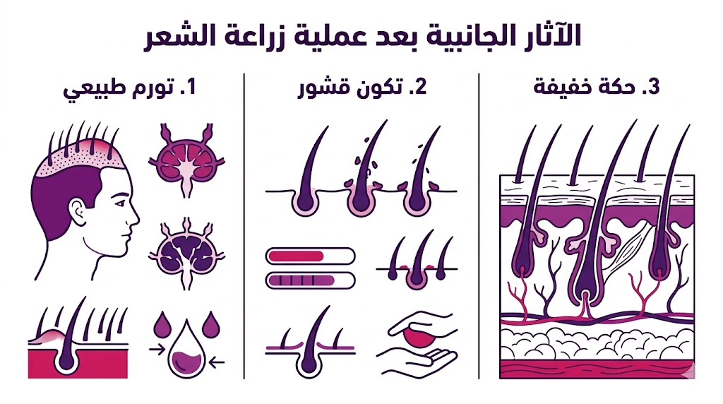 ملصق إنفوجرافيك يوضح ثلاث مراحل أساسية للتعامل مع الآثار الجانبية بعد عملية زراعة الشعر.