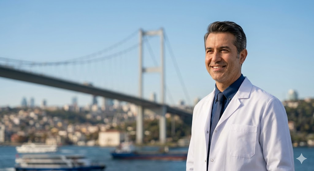 طبيب مختص يقف أمام جسر البوسفور في إسطنبول لتقديم الاستشارات حول الآثار الجانبية بعد عملية زراعة الشعر.