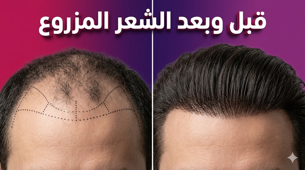 صورة واقعية توضح مقارنة قبل وبعد لنتائج الشعر المزروع مع خطوط تحديد طبية دقيقة.