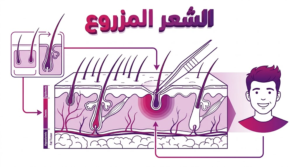 إنفوجرافيك طبي يوضح التشريح الداخلي للبصيلات وكيفية تثبيت الشعر المزروع في فروة الرأس.