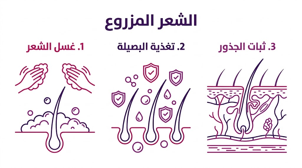 بوستر توضيحي مقسم لثلاثة أقسام تشرح مراحل العناية بـ الشعر المزروع من الغسل وحتى ثبات الجذور.