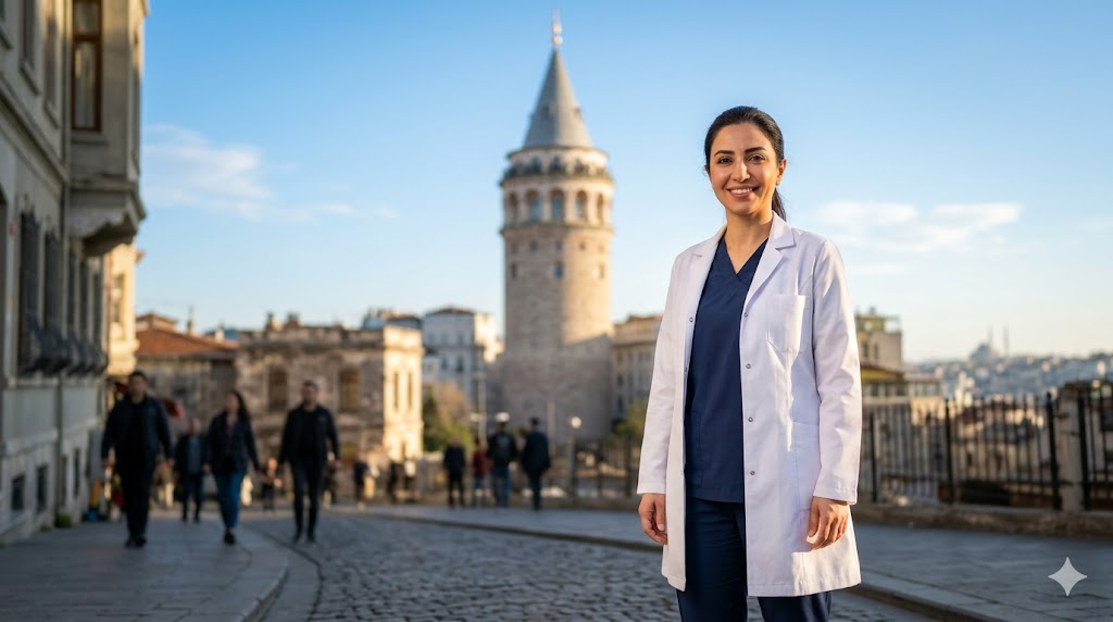 طبيب مختص في زراعة الشعر المزروع يقف أمام برج غالاتا في إسطنبول بتصوير واقعي فائق الجودة.