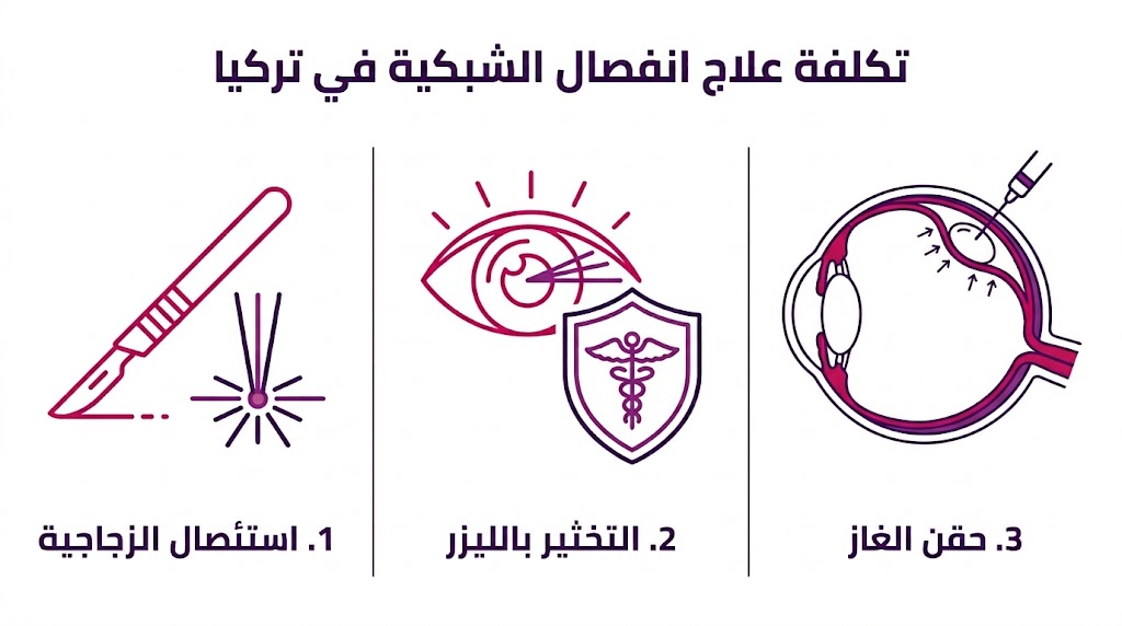  إنفوجرافيك طبي يوضح مراحل و تكلفة علاج انفصال الشبكية في تركيا باستخدام تقنيات حديثة.