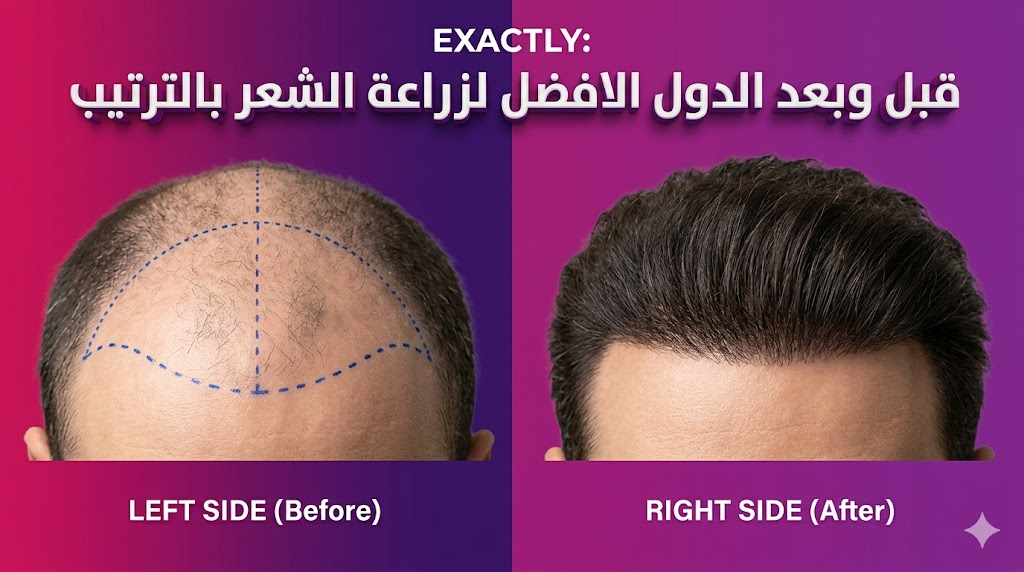 مقارنة قبل وبعد توضح نتائج العمليات في الدول الافضل لزراعة الشعر بالترتيب.