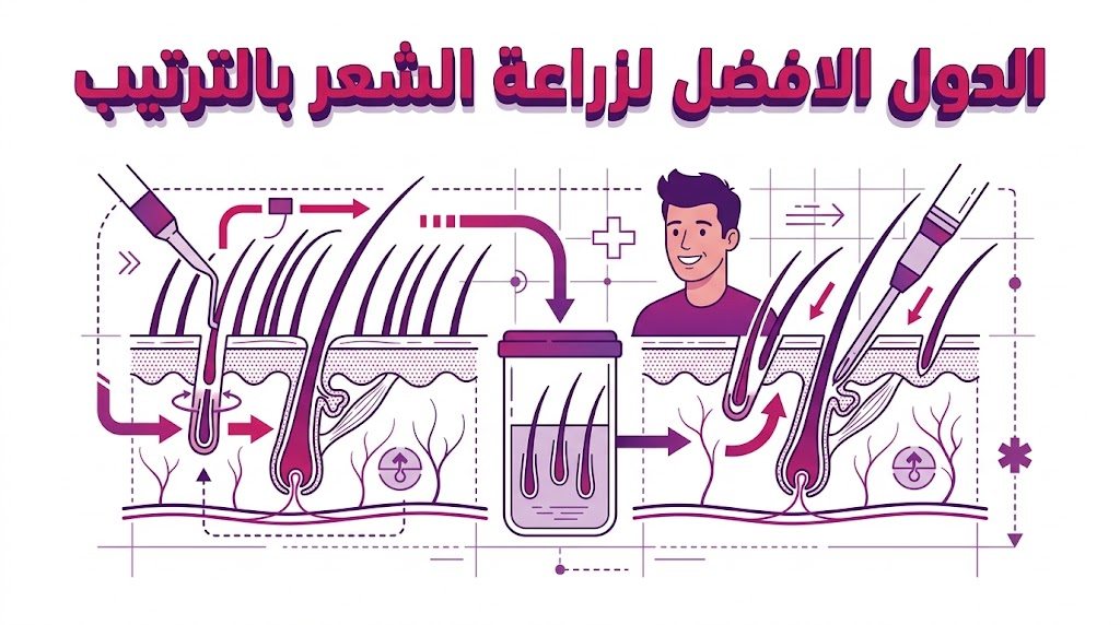 مخطط تشريحي يوضح تقنيات استعادة الشعر المستخدمة في الدول الافضل لزراعة الشعر بالترتيب.