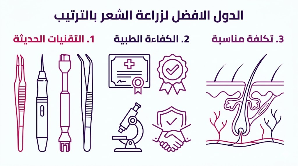 إنفوجرافيك يوضح أهم 3 معايير لتحديد الدول الافضل لزراعة الشعر بالترتيب.