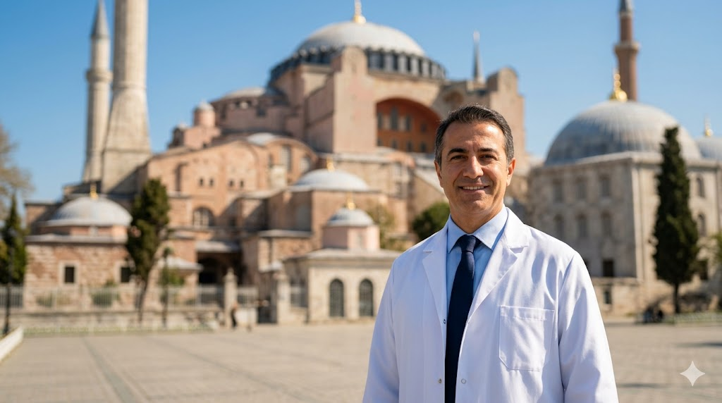 طبيب متخصص في زراعة الشعر يقف أمام آيا صوفيا، مما يمثل واحدة من الدول الافضل لزراعة الشعر بالترتيب.