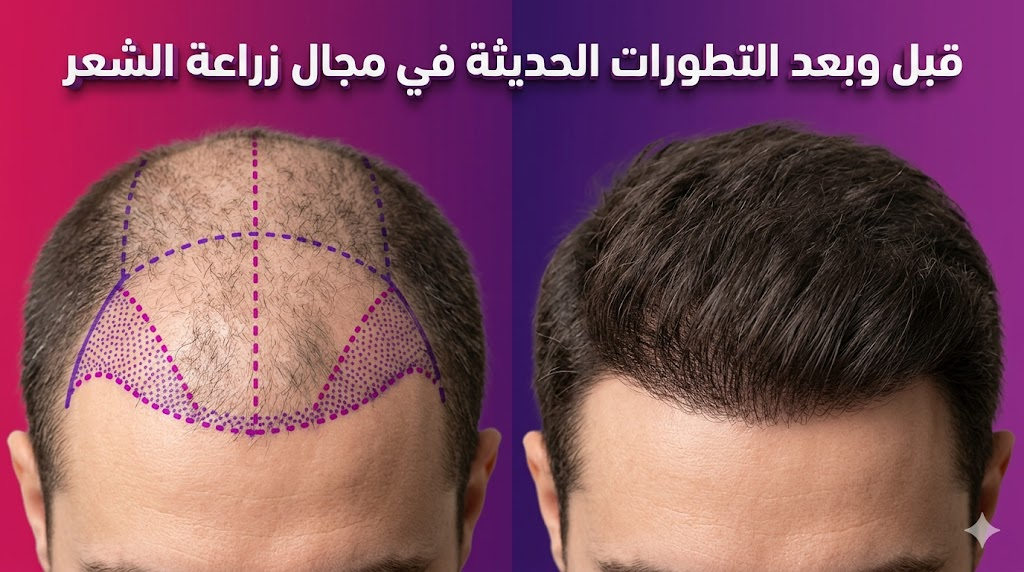 مقارنة قبل وبعد توضح التطورات الحديثة في مجال زراعة الشعر وكثافة النتائج النهائية.