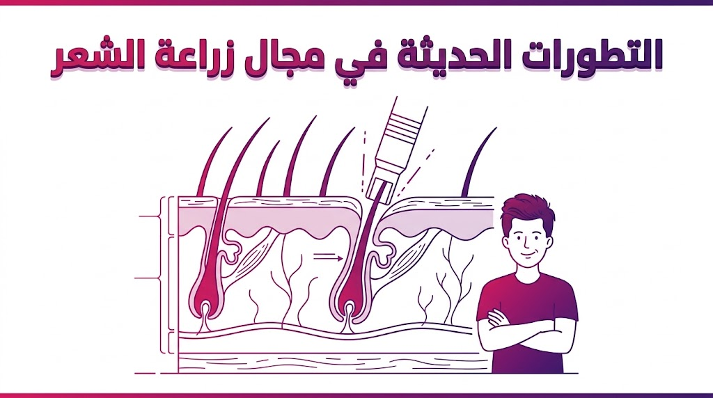  إنفوجرافيك تشريحي يوضح العلم الكامن وراء التطورات الحديثة في مجال زراعة الشعر وبنية البصيلات.