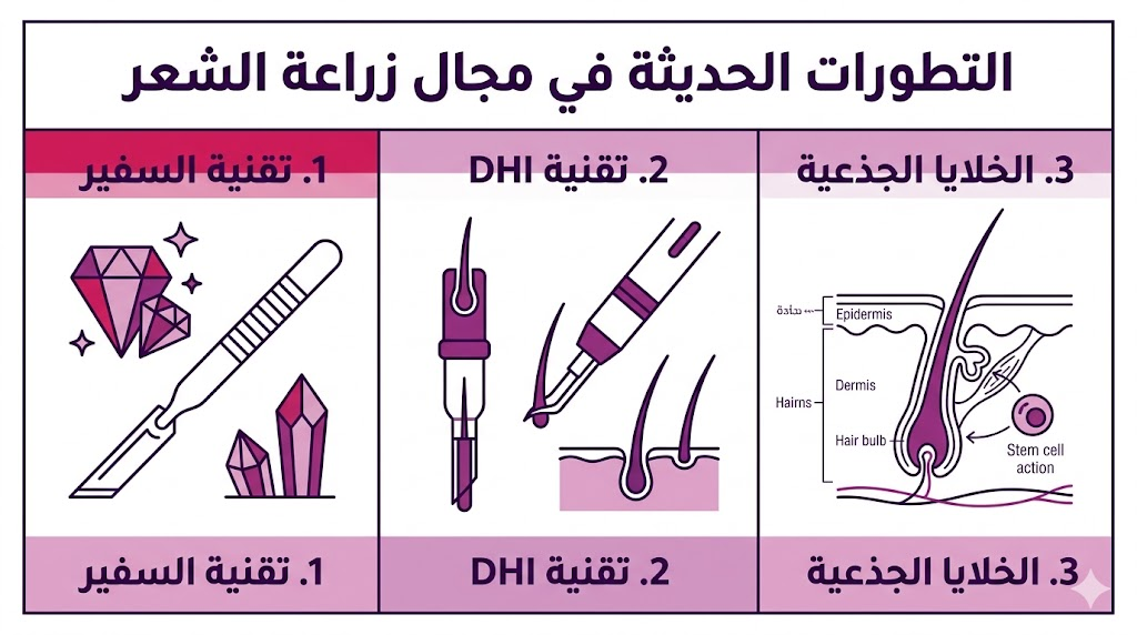 بوستر تعليمي يلخص أهم 3 تقنيات ضمن التطورات الحديثة في مجال زراعة الشعر.