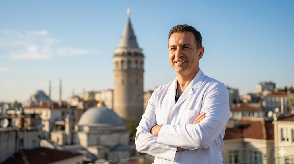 طبيب خبير في التطورات الحديثة في مجال زراعة الشعر يقف أمام برج غالاتا في اسطنبول.