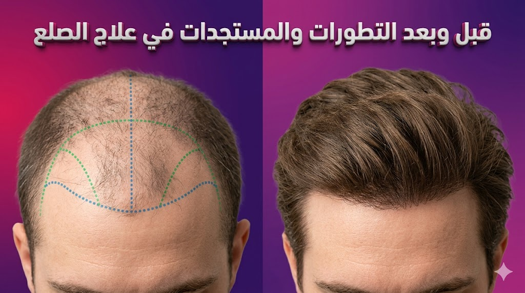 مقارنة قبل وبعد تظهر نتائج التطورات والمستجدات في علاج الصلع على فروة رأس المريض.